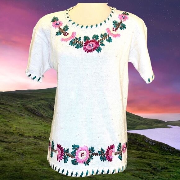 Vintage Top Colleen's Collectables Sweater Knit Floral Embroidered Pearl • NEW • - Picture 1 of 9